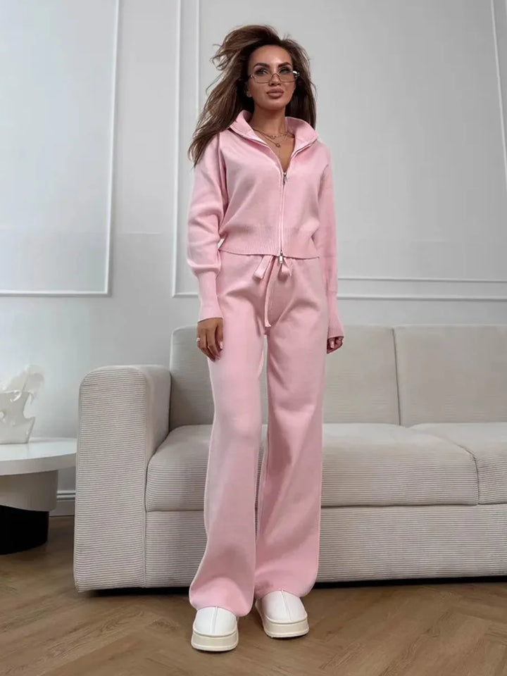 Women’s Knit Two Piece Set Zip Up Cardigan Wide Leg Pants Outfit-HighTouch