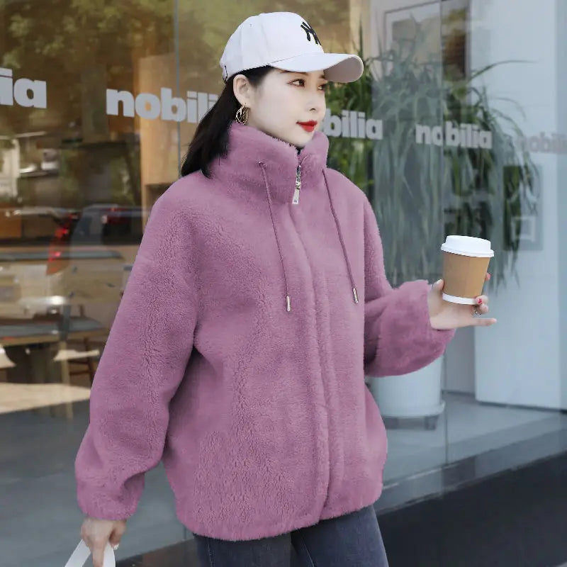 Women’s Coral Fleece Winter Coat – Warm Plush Zip Jacket-HighTouch