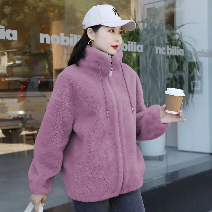 Women’s Coral Fleece Winter Coat – Warm Plush Zip Jacket-HighTouch