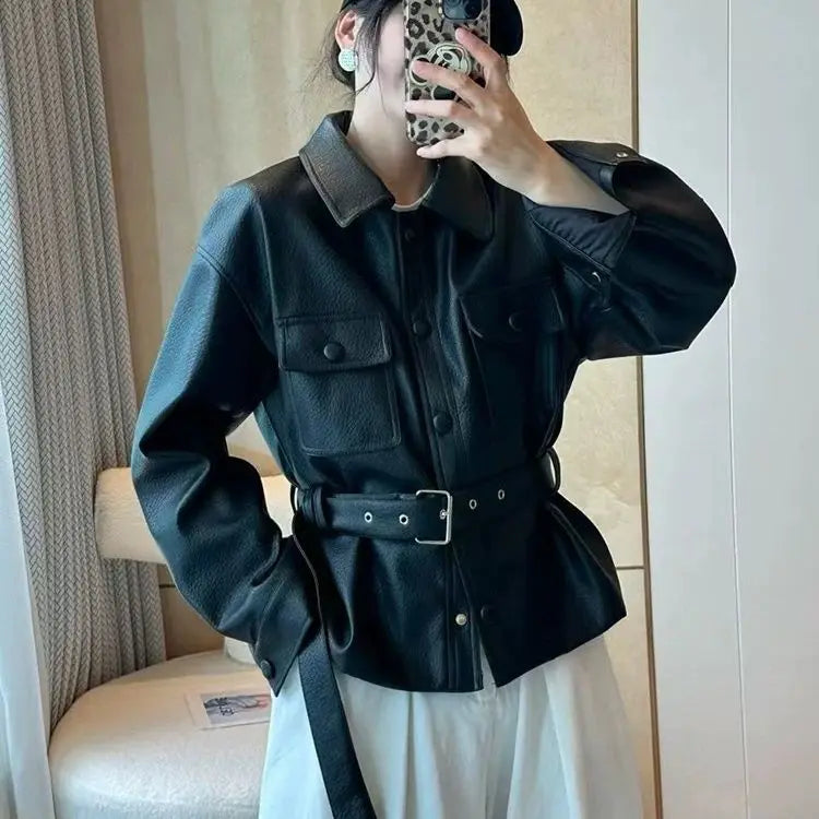 Retro Polo‑Collar Belted Leather Moto Jacket for Women