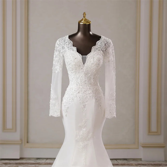 Custom Long‑Sleeve Mermaid Wedding Dress with Lace Appliqués
