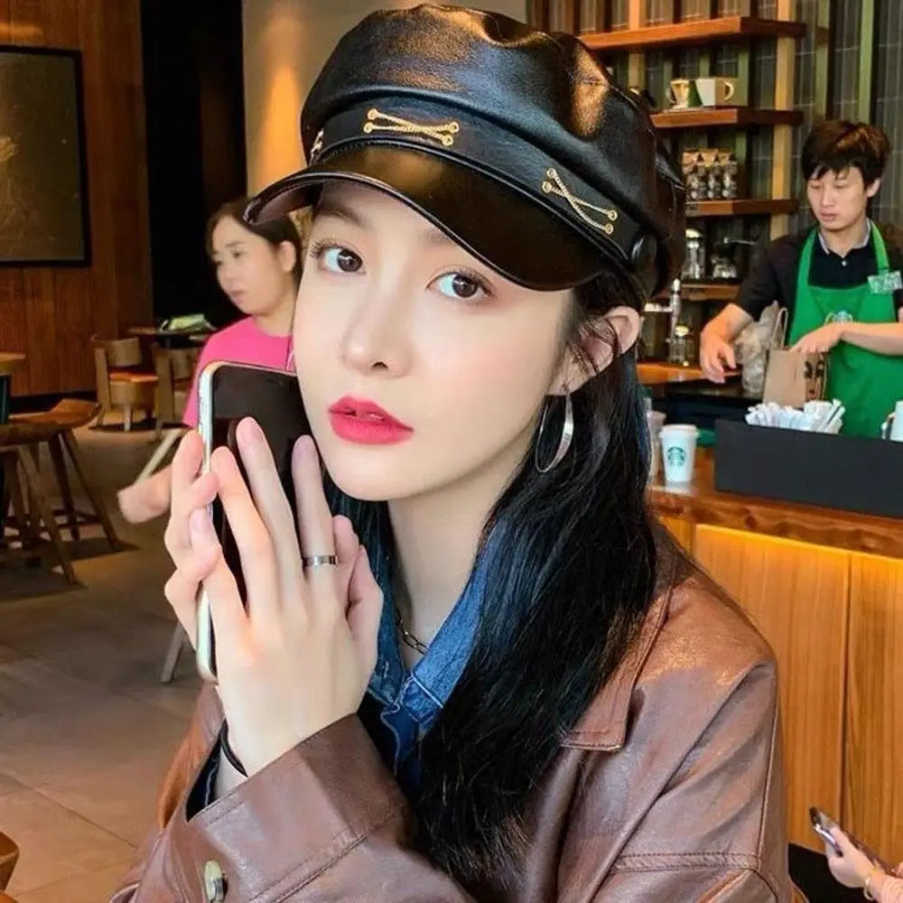 Winter Beret Women Black PU Leather Y2K Punk Newsboy Cap