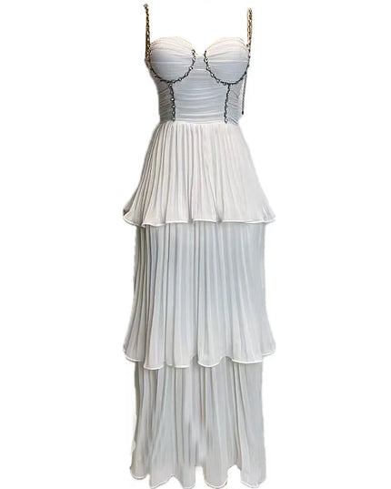 French Temperament Socialite Fashion Sleeveless V-neck Diamond Pleated High Waist Slim A-line Elegant Long Evening Dress Women