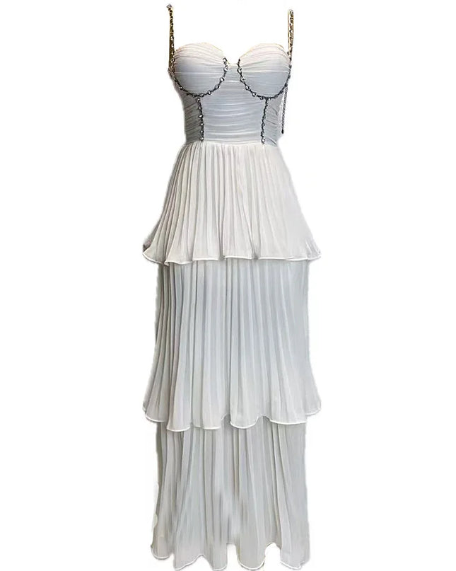 Elegant Diamond Pleated A-Line Evening Dress – Sleeveless V-Neck Gown