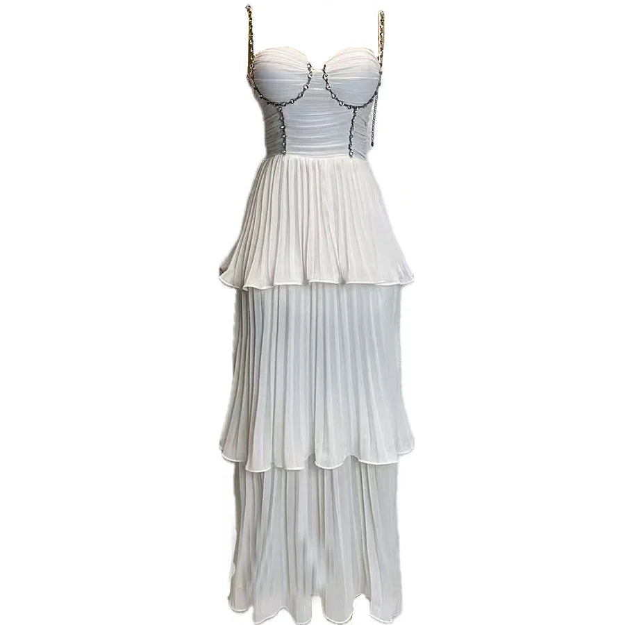 Elegant Diamond Pleated A-Line Evening Dress – Sleeveless V-Neck Gown-HighTouch