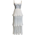 Elegant Diamond Pleated A-Line Evening Dress – Sleeveless V-Neck Gown-HighTouch