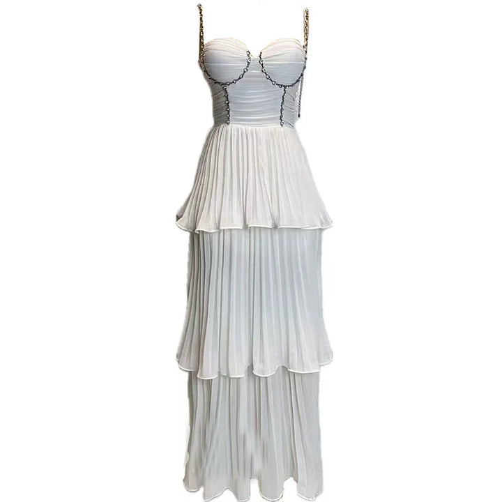 Elegant Diamond Pleated A-Line Evening Dress – Sleeveless V-Neck Gown-HighTouch
