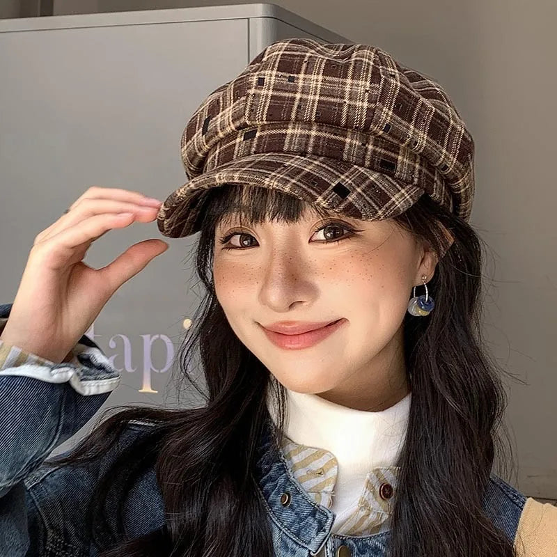 Vintage Plaid Octagonal Beret Hat for Women