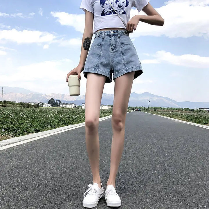 Y2K Harajuku Wide Mini Denim Shorts – Elastic Punk Print Jean Shorts for Women-HighTouch