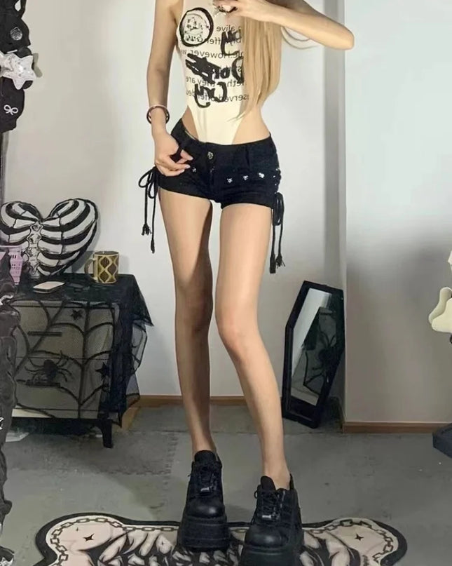 Rock Retro Vibes in Sexy Lace-Up Skinny Shorts