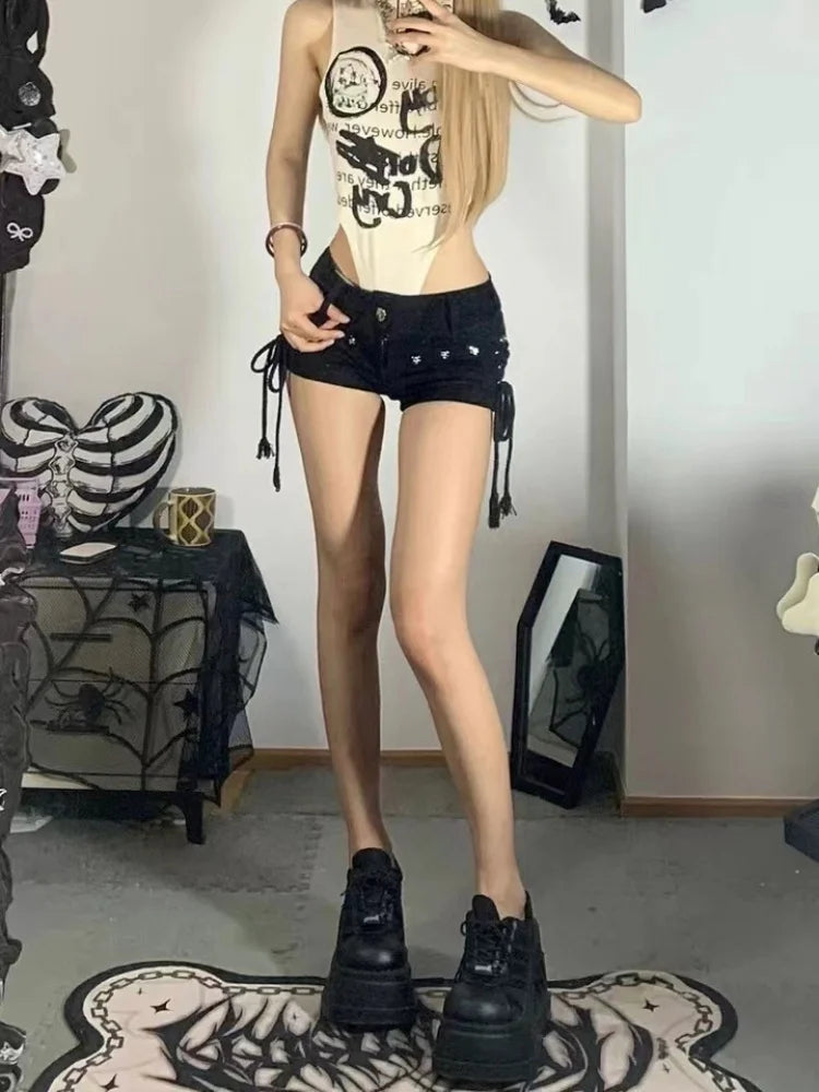Rock Retro Vibes in Sexy Lace-Up Skinny Shorts-HighTouch
