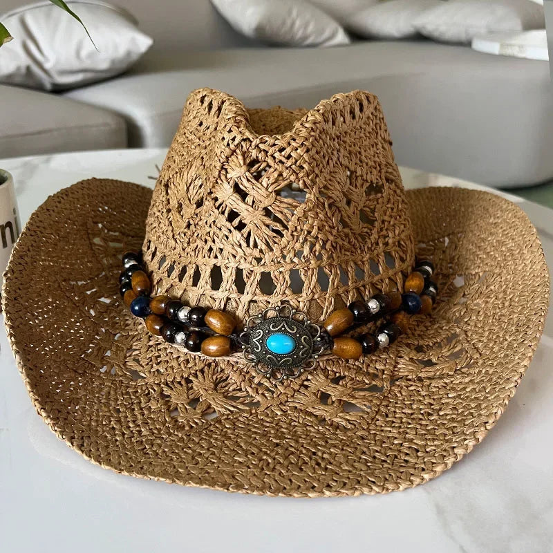 Bohemian Straw Cowboy Sun Hat – Wooden Beads