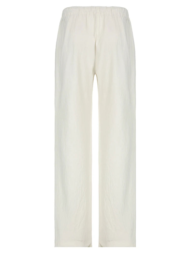 Sweetown Boho Straight‑Leg Pants – High‑Waist Loose Linen‑Blend Trousers with Pockets-HighTouch