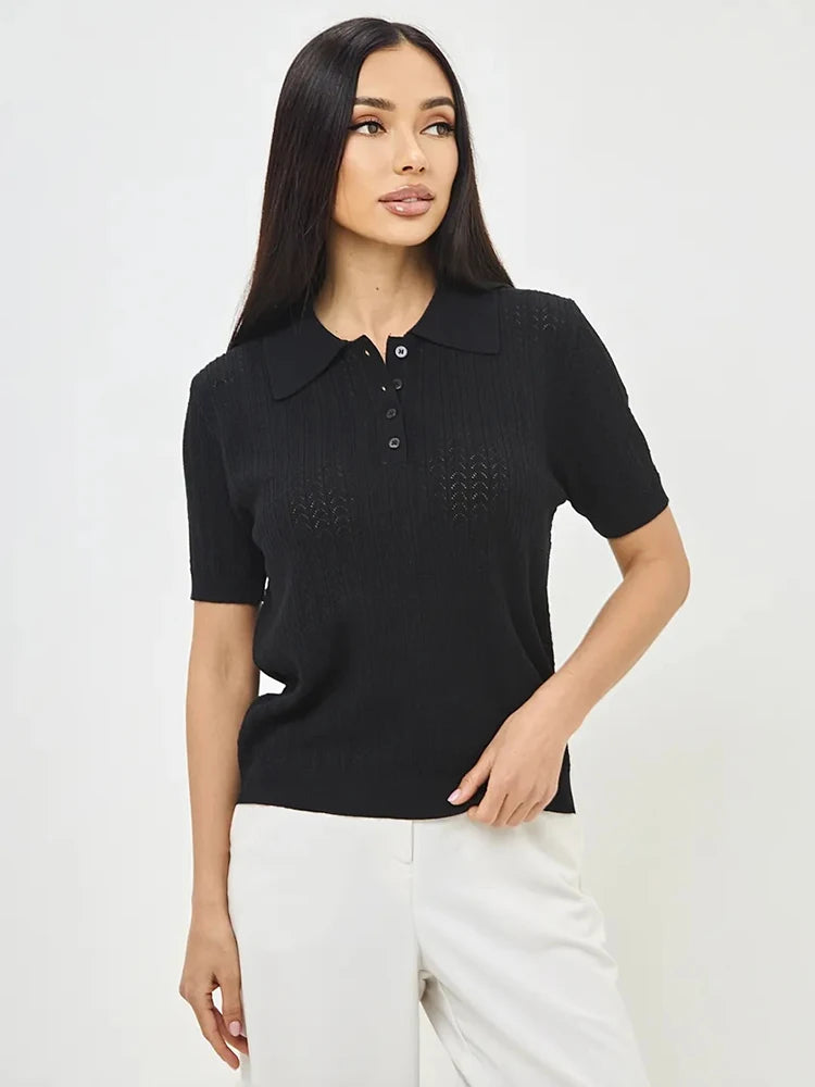 Tornova Loose Knit Polo Tee – Summer Casual Women's Top