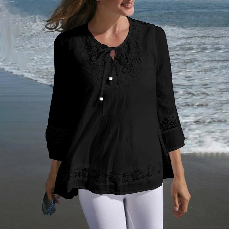 Cotton-Linen Lace Summer Blouse – ¾ Sleeve Casual Top