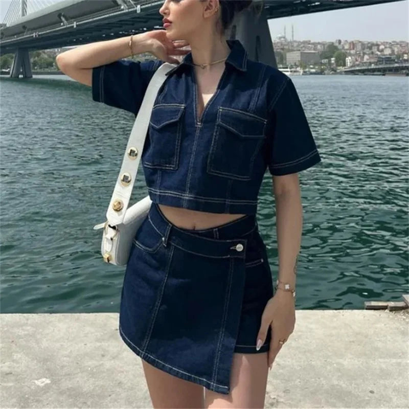 Women Blue Denim Set 2 Piece Casual Jacket and Jeans Outfit-HighTouch