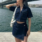 Women Blue Denim Set 2 Piece Casual Jacket and Jeans Outfit-HighTouch