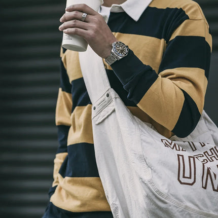 Non Stock Ivy League Fashion Striped Polo Shirt Retro Preppy Style Men's Long-Sleeve Tee