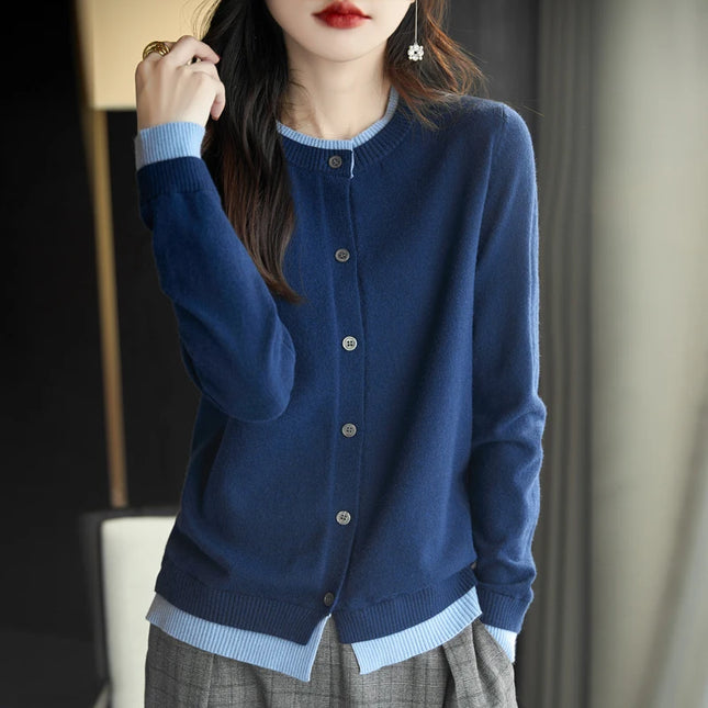Spring Knit Patchwork Cardigan Lightweight O‑Neck Long Sleeve Sweater for Women