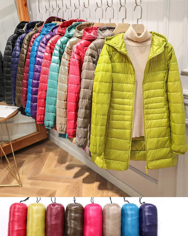 Women’s Long Warm Down Coat with Portable Storage Bag