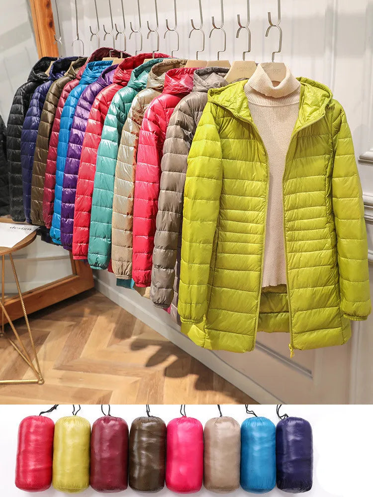 Women’s Long Warm Down Coat with Portable Storage Bag