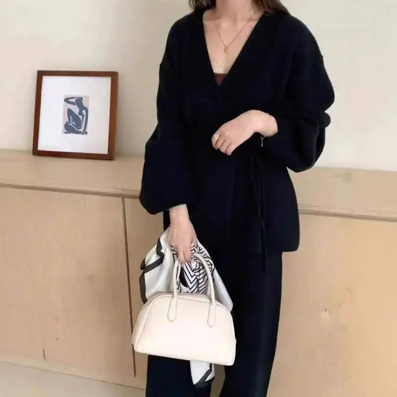 Women’s Knit Matching Set Zip Cardigan Wide Leg Pants Cozy Outfit-HighTouch