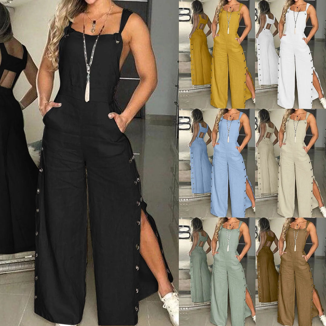 Women's Cotton Linen Strappy Playsuit – Wide Leg Summer Jumpsuit-HighTouch