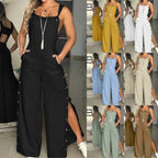 Women's Cotton Linen Strappy Playsuit – Wide Leg Summer Jumpsuit-HighTouch