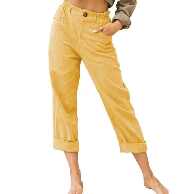 Spring Cotton-Linen Women’s Loose Button Pockets Pants – Elegant & Breathable