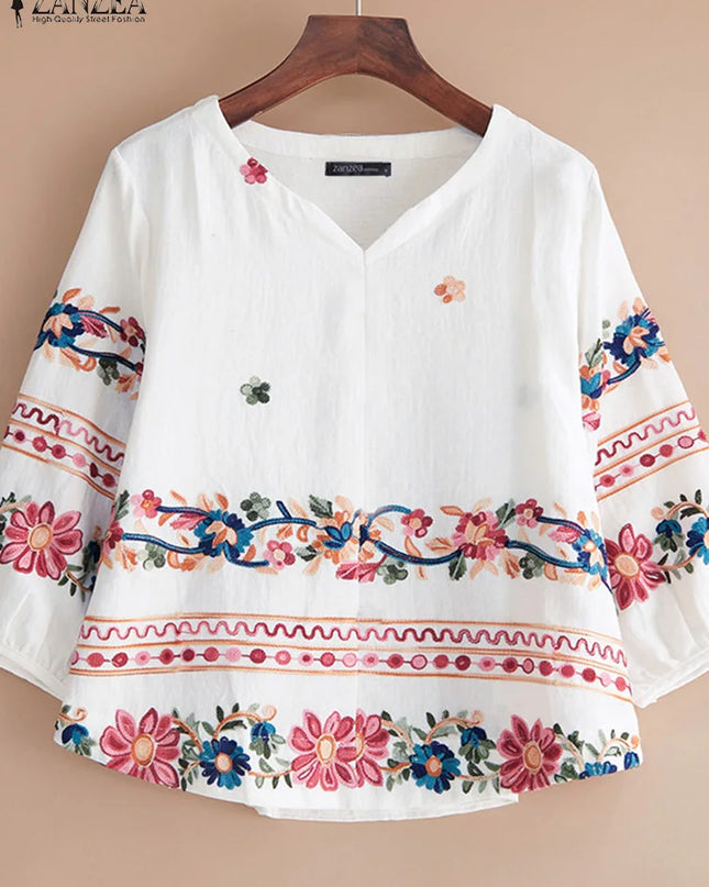ZANZEA Vintage Boho V-Neck Blouse – Lantern Sleeve Pullover