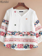 Vintage Boho V-Neck Blouse – Lantern Sleeve Pullover-HighTouch