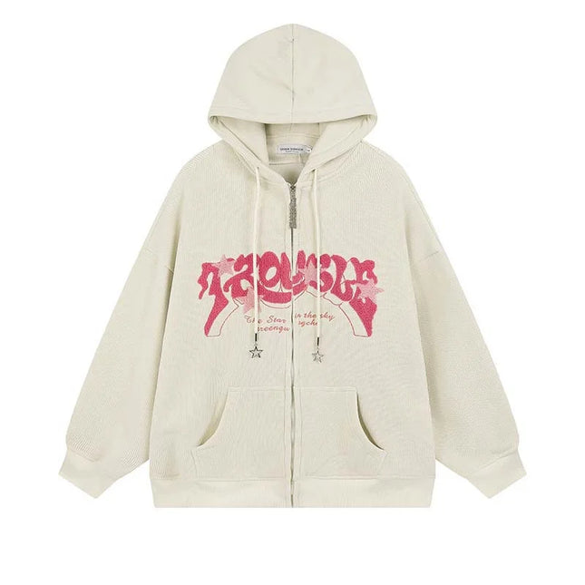 Hoodie Women Harajuku Zip-Up Embroidered Hoodie – Oversized Streetwear