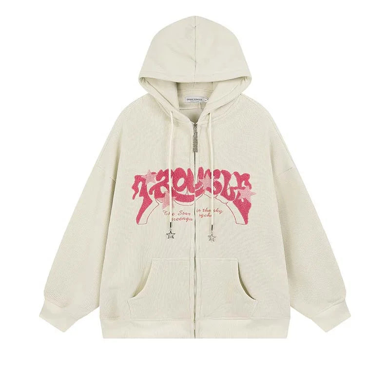 Hoodie Women Harajuku Zip-Up Embroidered Hoodie – Oversized Streetwear