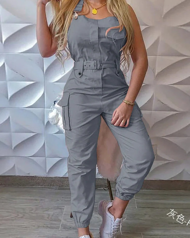 Sleeveless Cargo Jumpsuit with Drawstring Waist