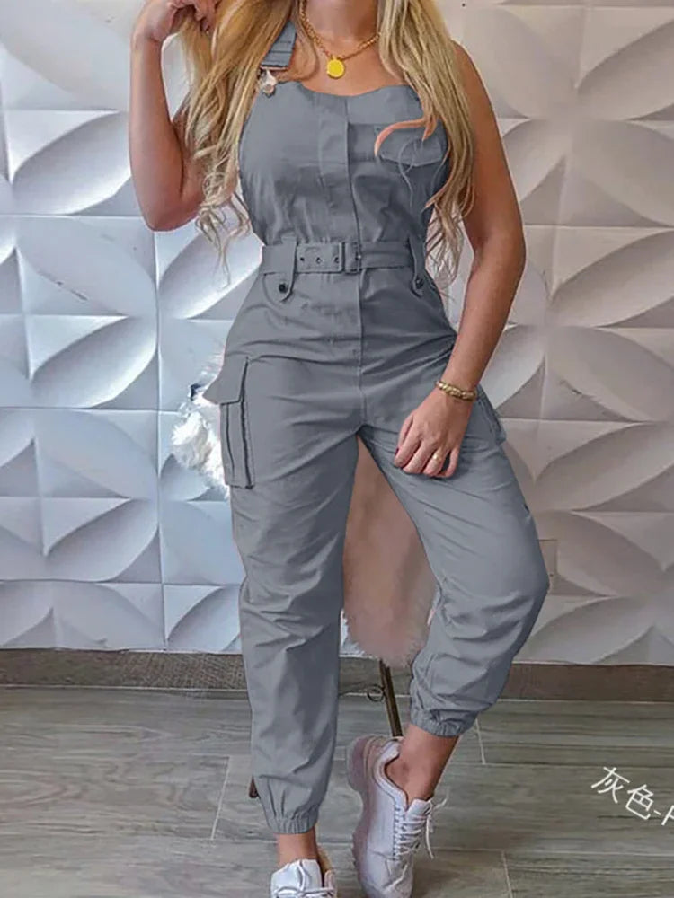 Sleeveless Cargo Jumpsuit with Drawstring Waist-HighTouch