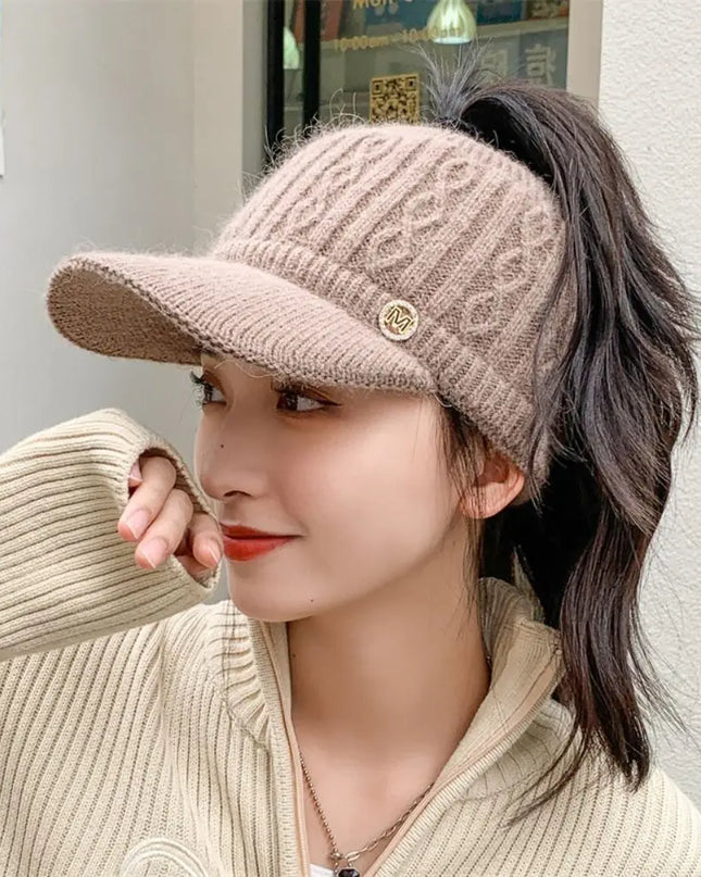 Rabbit Fur-Lined Knit Beanie with Open Top