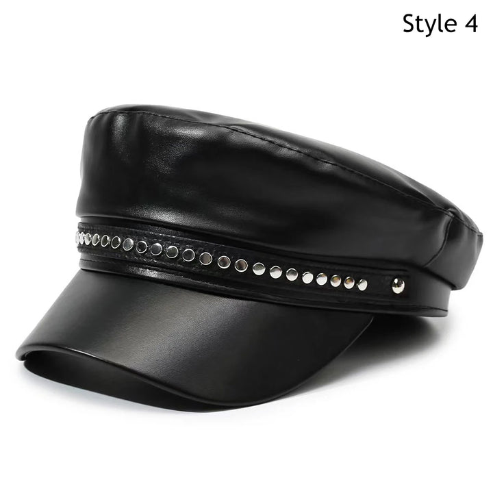 Winter Beret Women Black PU Leather Y2K Punk Newsboy Cap