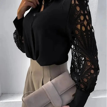 White Lace Hollow-Out Long Sleeve Blouse – Vintage Button-Up Elegance