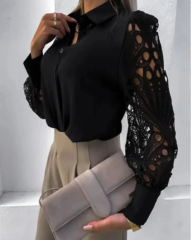 White Lace Hollow-Out Long Sleeve Blouse – Vintage Button-Up Elegance