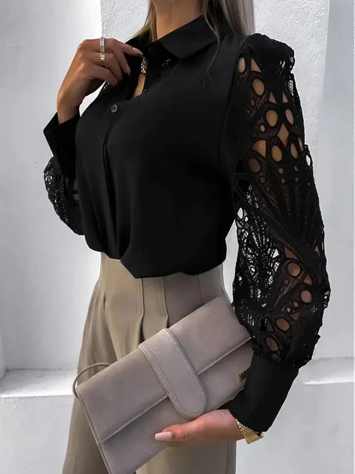 White Lace Hollow-Out Long Sleeve Blouse – Vintage Button-Up Elegance-HighTouch