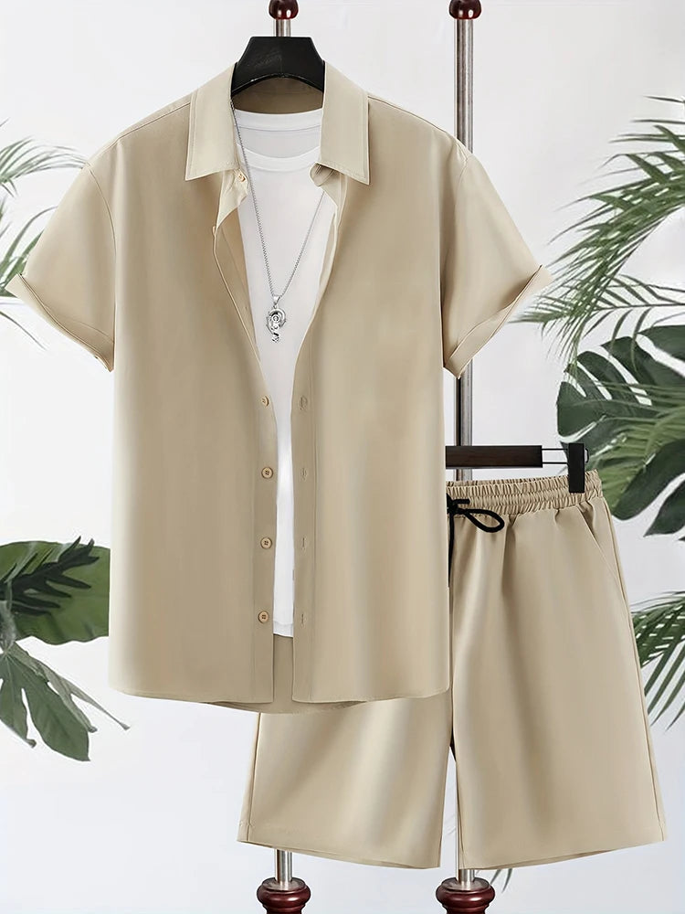 Men’s Solid Color Hawaiian Shirt & Shorts Set – Oversized Summer 2-Piece