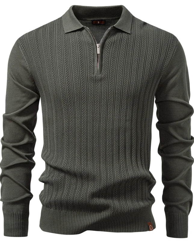 Premium Textured Zip-Collar Polo – Slim Fit Long Sleeve Men’s Business Casual