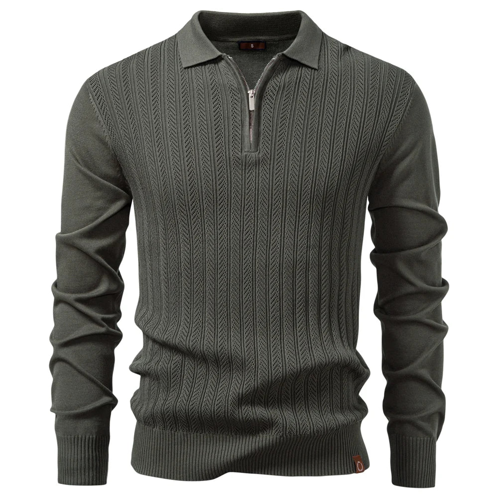 Premium Textured Zip-Collar Polo – Slim Fit Long Sleeve Men’s Business Casual-HighTouch