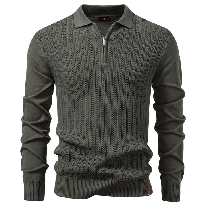 Premium Textured Zip-Collar Polo – Slim Fit Long Sleeve Men’s Business Casual-HighTouch