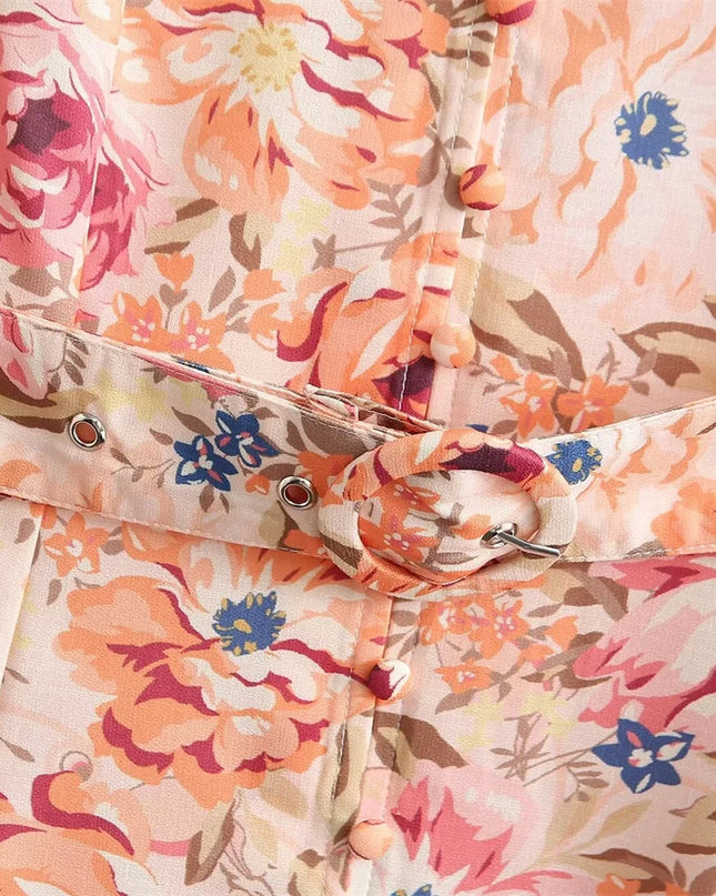 Zach Ailsa Stand-Collar Long-Sleeve Printed with Belt Shirt Style Dress