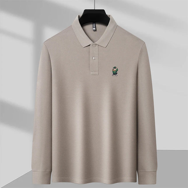 Bear-Embroidered 100% Cotton Long-Sleeve Polo – Spring/Autumn Men’s