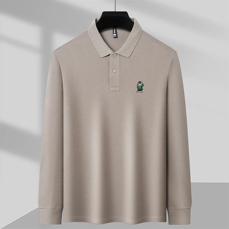 Bear-Embroidered 100% Cotton Long-Sleeve Polo – Spring/Autumn Men’s