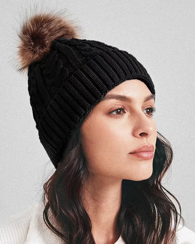 Plush-Pom Knit Flap Beanie for Women