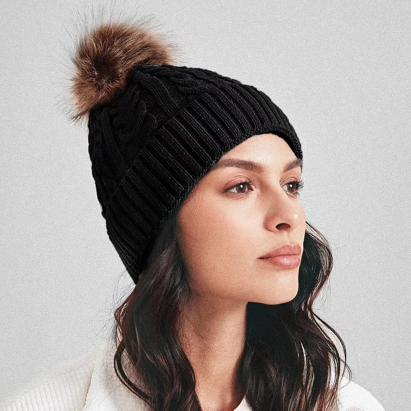 Plush-Pom Knit Flap Beanie for Women