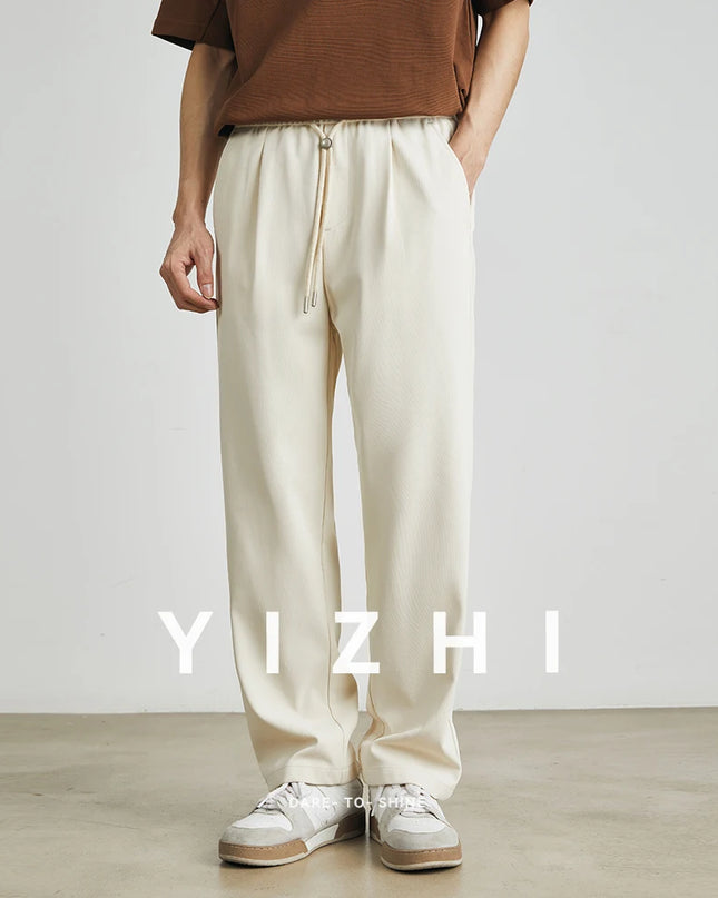 Men’s Straight-Leg Drawstring Trousers – Japanese Casual Elastic Waist Pants